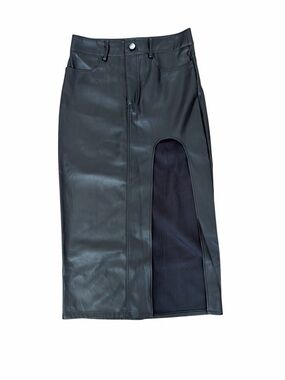Windsor Black Faux Leather Midi Skirt with Curved Front Slit